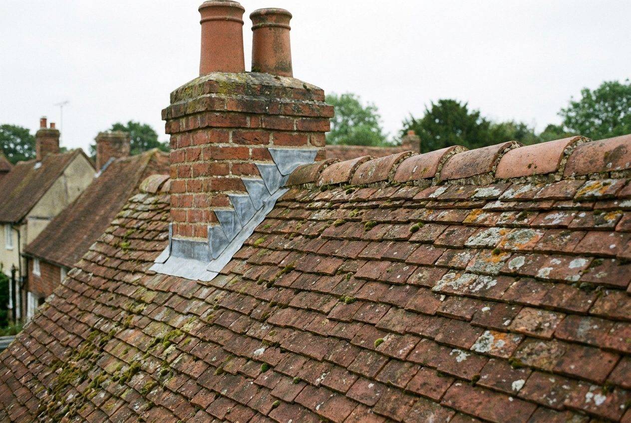 An old clay-tiled roof with moss and lichen, a red brick chimney stack with two chimney pots, stepped grey lead flashing and a row of half-round ridge tiles.